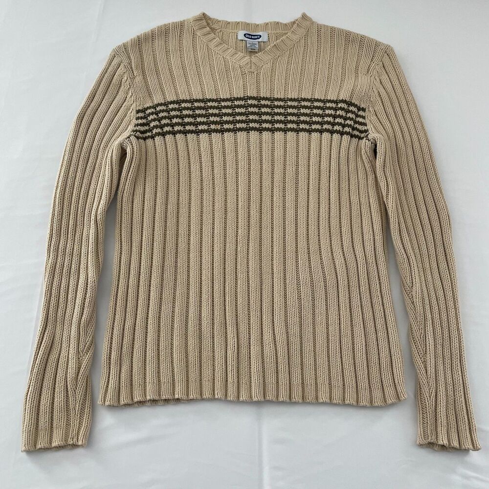 Old Navy Y2K Vintage 2001 Men’s Large Ribbed V-Neck Sweater Beige Brown Stripe